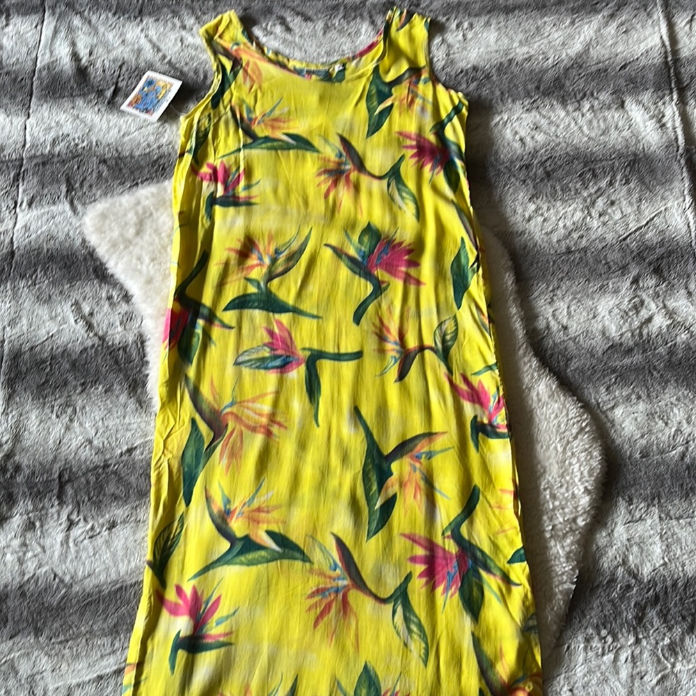 Pineapple Moon Yellow Sleeveless Maxi Dress with Birds of Paradise Pattern